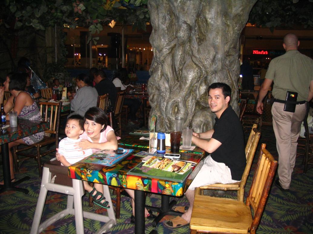 Sau đó mình đi ăn ở tiệm Rain Forest có voi, ngựa, bươm bướm, khỉ, cọp gầm.  Con coi say mê.