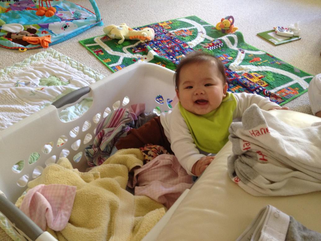 Em cũng ưa ngồi trong giỏ đồ giặt nữa.